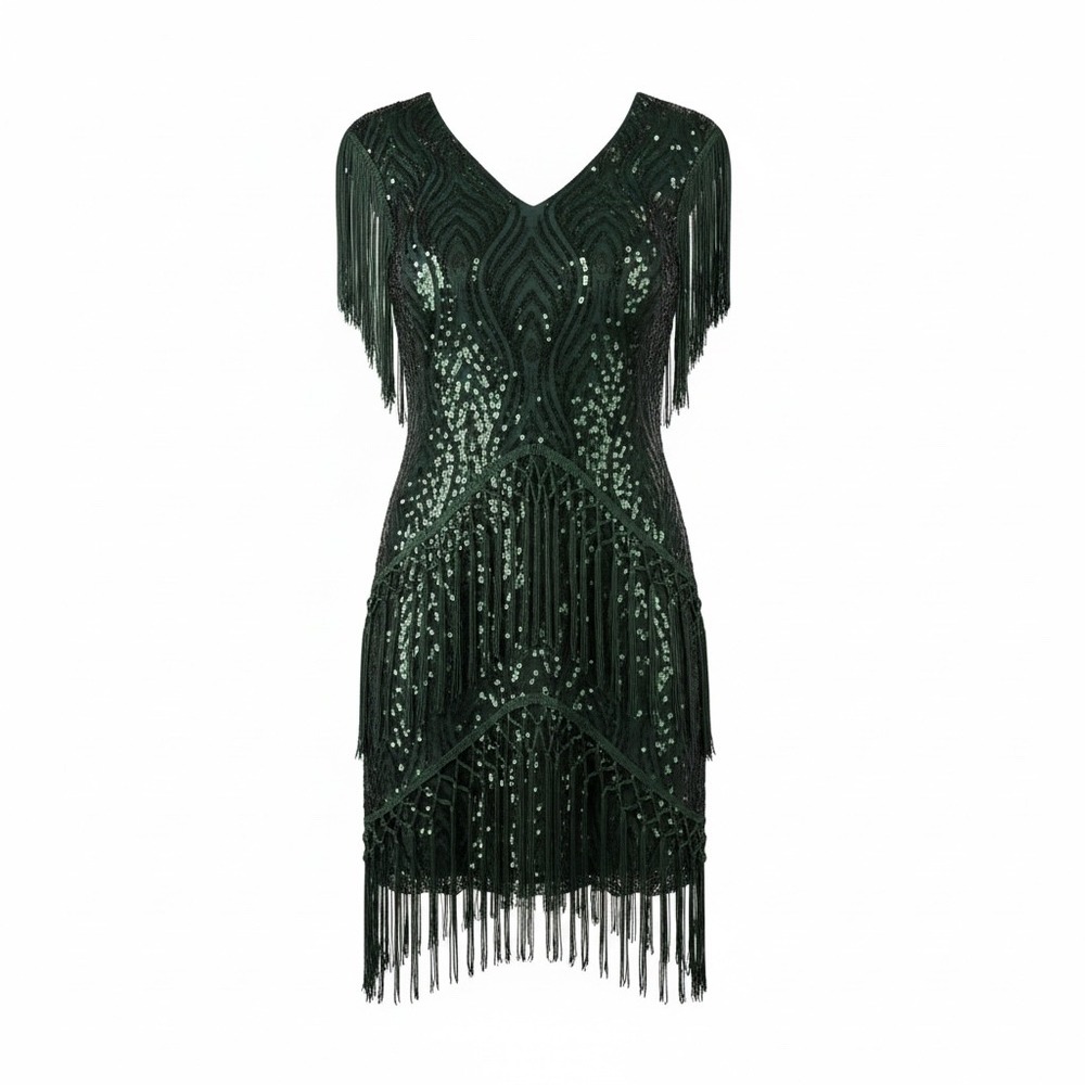 BABEYOND‎ Emerald Green Sequin Fringe Flapper Dress 1920s Gatsby Style Party XS